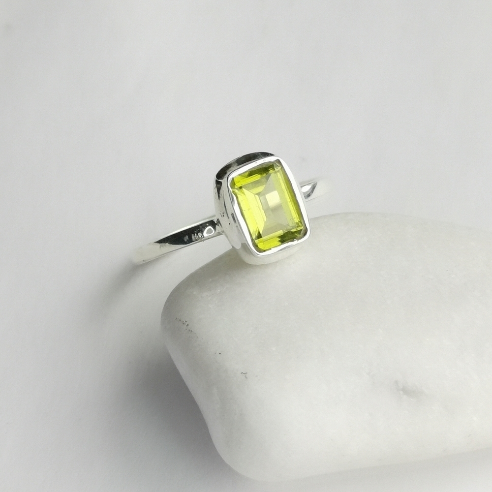 Peridot Gemstone Ring Emerald Cut Sterling Silver Size 6